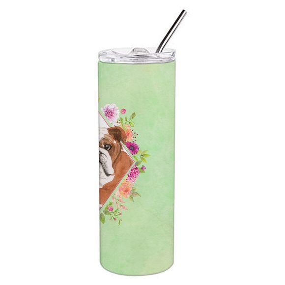 English Bulldog Green Flowers Stainless Steel 20 oz Skinny Tumbler - Picture 4 of 4
